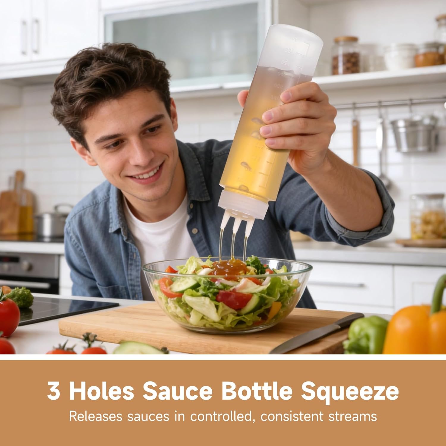 6 Pcs 24 Oz Sauce Squeeze Bottles, 3-Hole Tri-Cone Nozzle, Dispenser Bottle with Scale, Plastic Squirt Bottles for Condiments