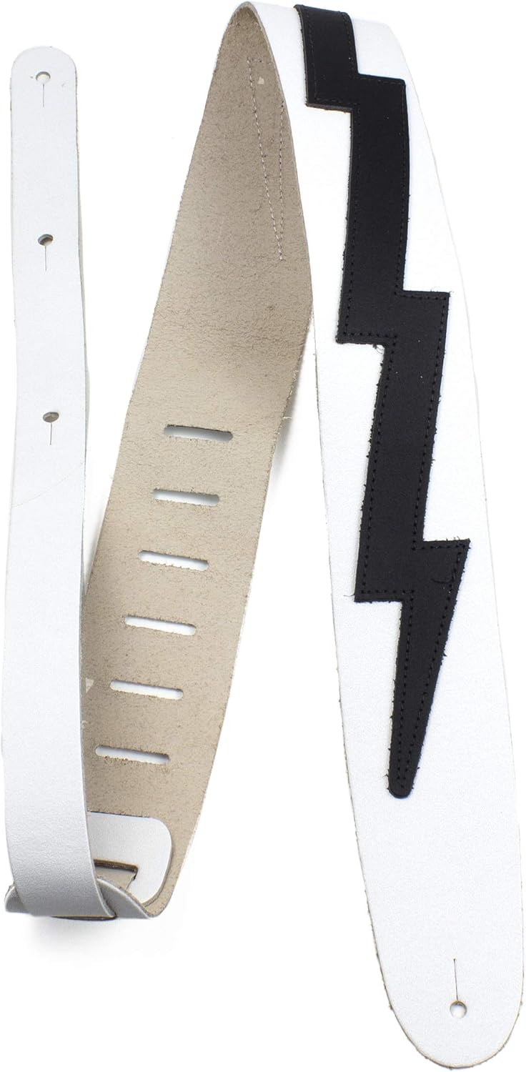 Perri's Leathers, The Famous Collection, Guitar Strap, Bowie Style Lightning Bolt Themed, Leather, Adjustable Electric/Acoustic/Bass Guitars, 41" to 56" Inches, Compatible with All Lock Systems, White