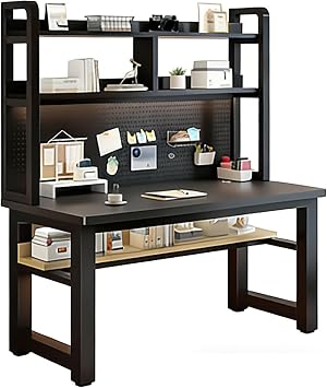 Computer Writing Desk with Pegboard & Bookshelf, Home Office Workstation with Storage Shelves, Modern Study Table for Crafting & Sewing, Sturdy Metal LegsBlack,63.0in