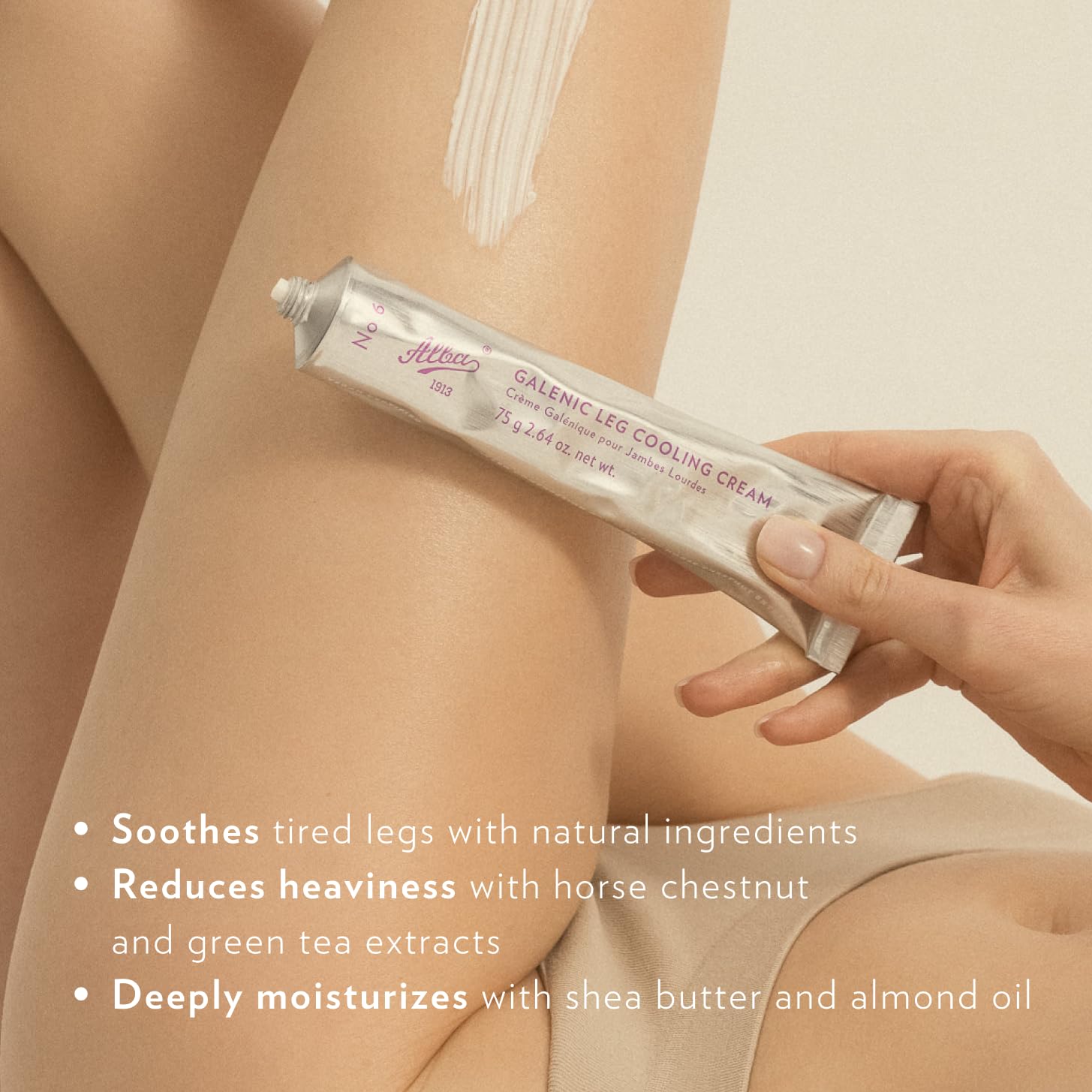 Alba Alba1913 Vegan Leg Cooling Cream - Cooling Relief for Tired, Heavy Legs, Reduces Fatigue & Heaviness, Stimulates Circulation, Deep Moisturizing & Softening, Refreshing Formula, Easy to Use - 75g