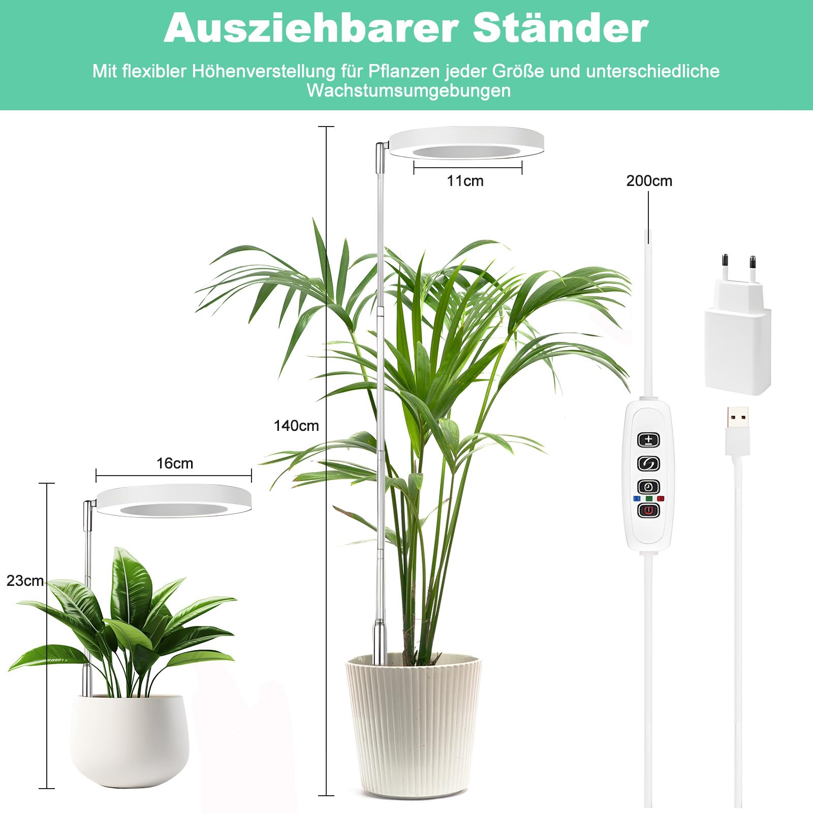 Pflanzenlampe, Pflanzenlampe Vollspektrum Bis Zu 147CM Höhe, 3 Beleuchtungsmodi, 3/9/12 Auto-Timer, Verstellbare Höhe