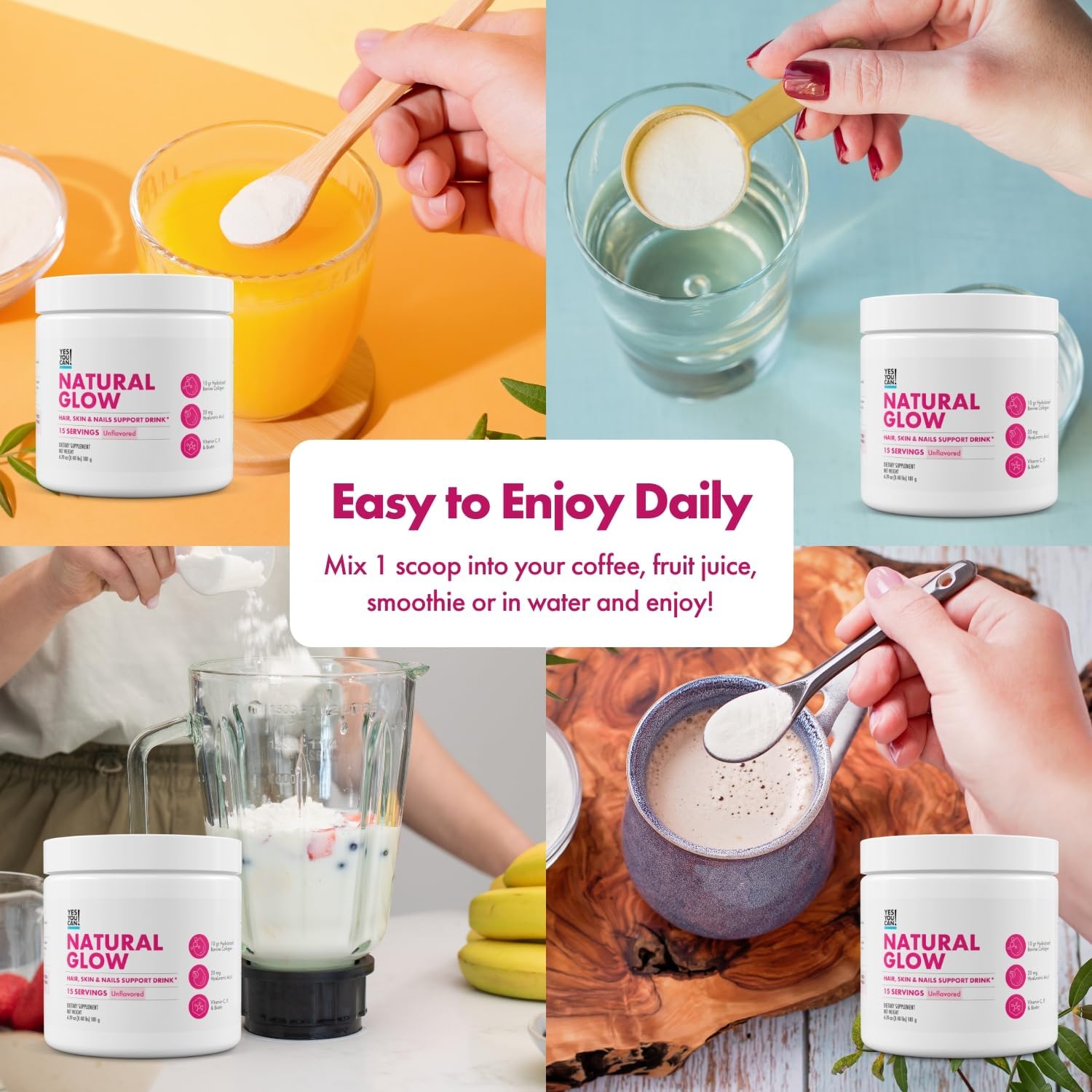 Yes You Can! Natural Glow Beauty Collagen Powder – 10g Hydrolyzed Collagen with Biotin, Hyaluronic Acid, Vitamins C & E – Skin, Hair & Nail Support – 15 Servings (Unflavored)