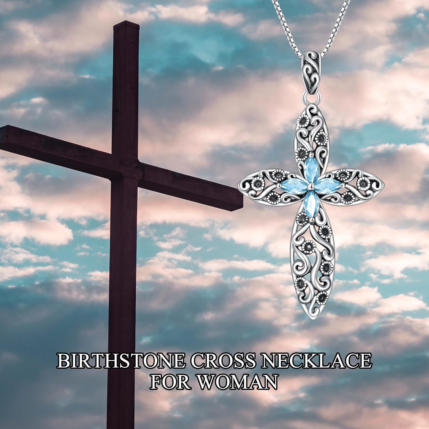 AOBOCO Cross Necklace for Women Sterling Silver 12 Birthstone Faith Cross Pendant Christian Religious Jewelry Birthday Christmas Gifts for Her - Image 6