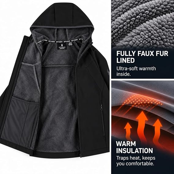 Spyder Mens Softshell Jacket - Faux Fur Lined Wind Resistant Fleece Jacket