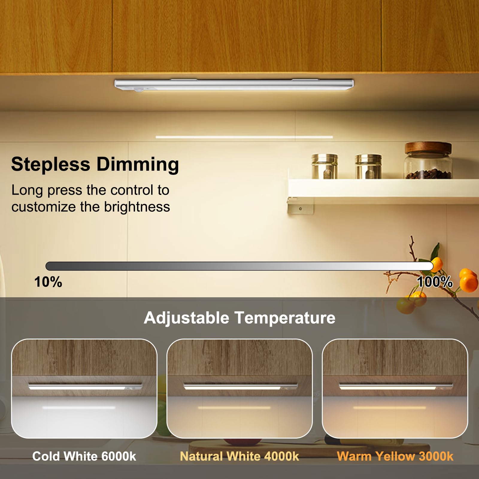 Electight 120 LEDs Under Cabinet Lights 3 Color Temps, 2 Pack 30CM Motion Sensor Light Indoor, 3000-6000K Dimmable Closet Lights, Rechargeable Under Counter Lights for Wardrobe, Kitchen, Stairs