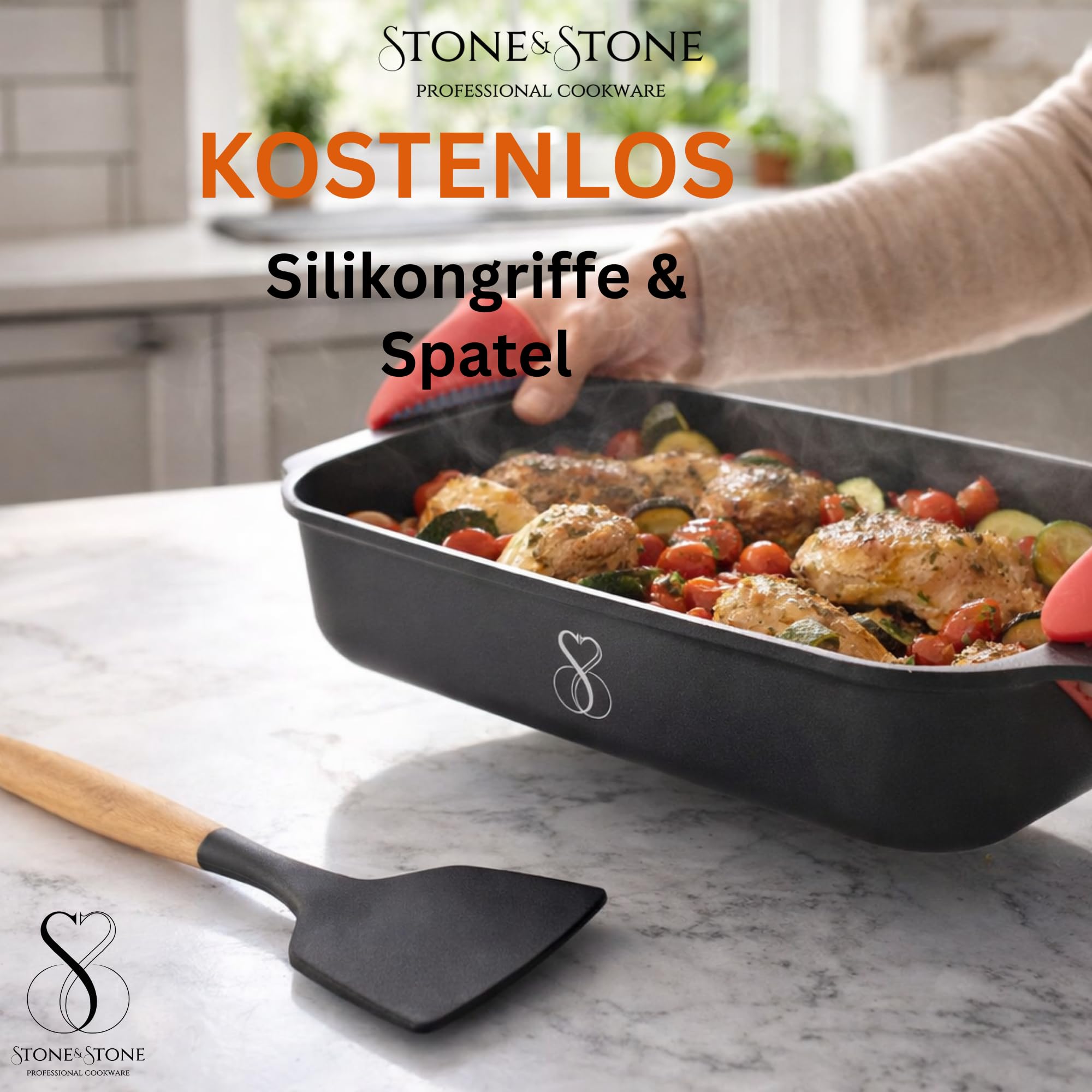 Stone&Stone Auflaufform 34x8 cm Rechteckig Antihaft, Lasagneform Bräter Ofenform aus Aluminium mit deutscher Greblon Beschichtung, Für Induktion, Gas und Ofen, PTFE-, PFOA- und PFAS-frei, mit Deckel
