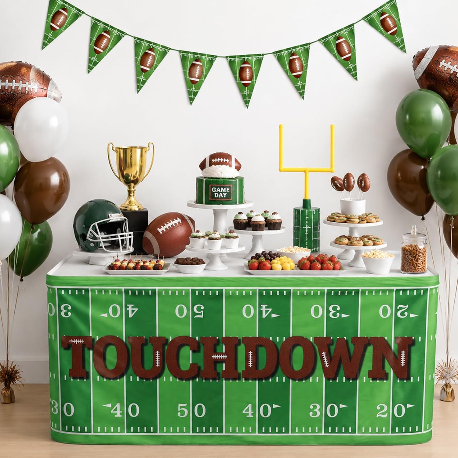 OBUSATT Reusable Fabric Football Table Skirt 9 x 2.5FT Touchdown Green Football Field Table Cover Washable Cloth Table Skirt for Football Game Day Tailgate Sports Birthday Party Decorations Supplies