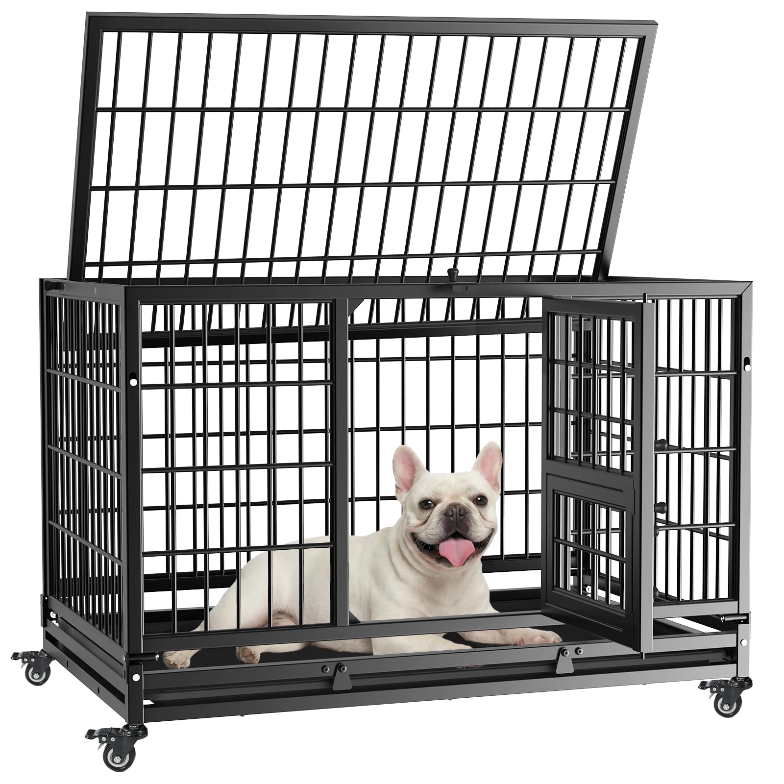 Gardner Pet Jaula para Perro Talla L-82.3x51.5x56cm para Perros Medianos, Diseño a Prueba de Escape con Bandeja, 3 Puertas Desmontables y Ruedas Bloqueables, Jaula Plegable de Metal para Perros-Negro