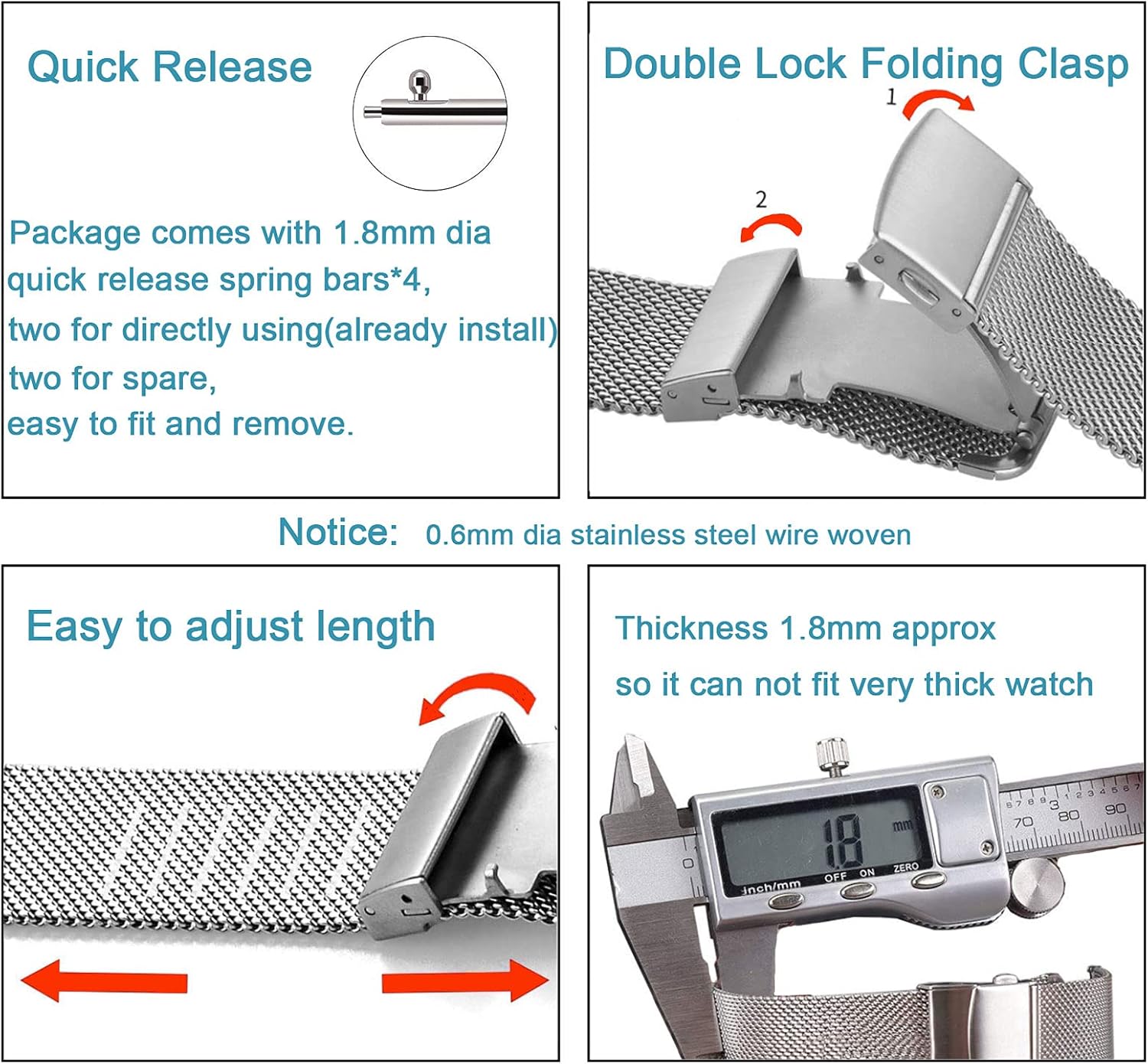Miniatura 2 de Carty Correa de reloj de malla de acero inoxidable para hombres y mujeres correa de reloj ajustable de 0787in 0472in 0551in 0630in 0709in 0945in