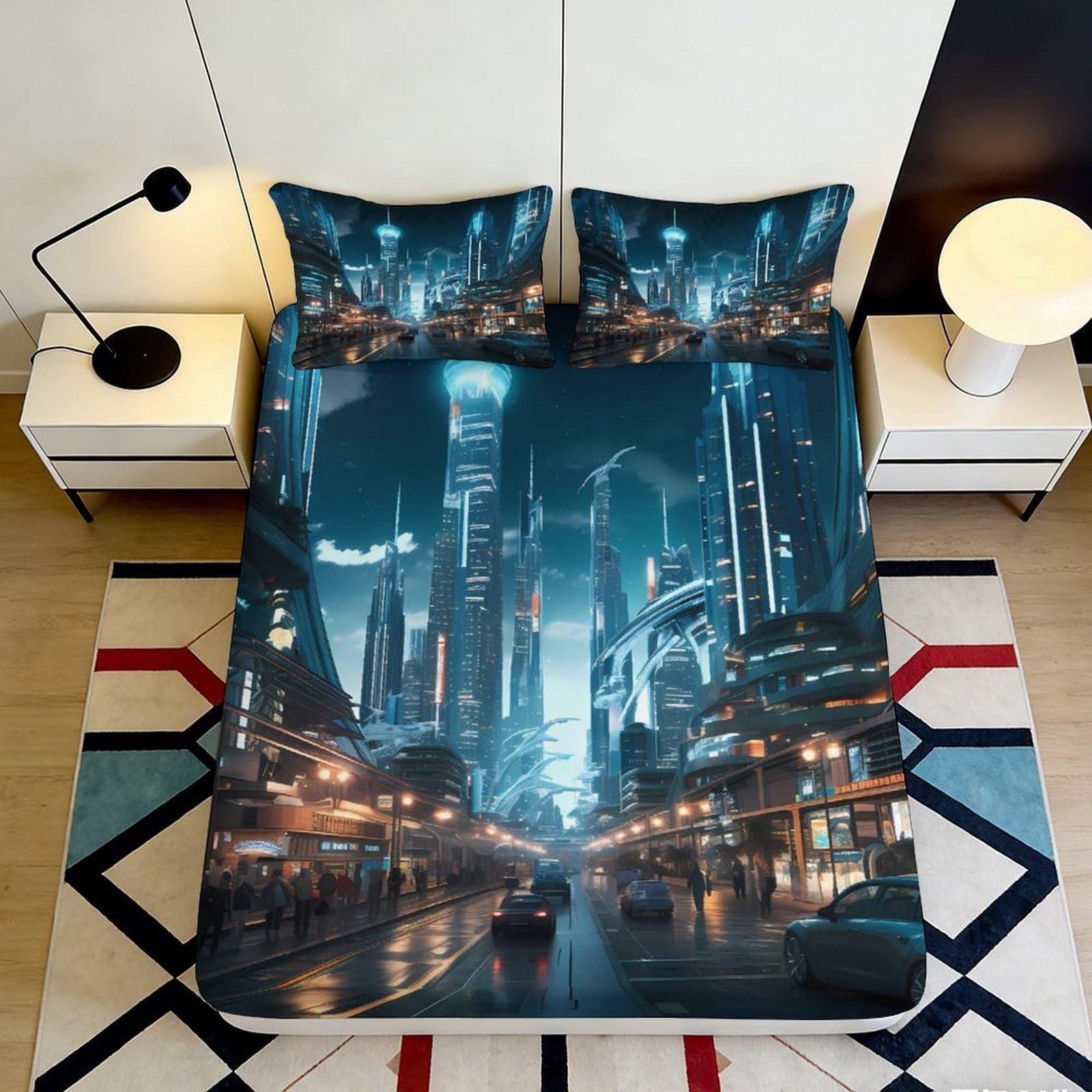 3D Printed Cyber City Fitted Sheet Microfiber Deep Pocket Bedroom Bedding Set Urban Mattress Fitted Cover Elastic Hem for Adults 140x200x25cm