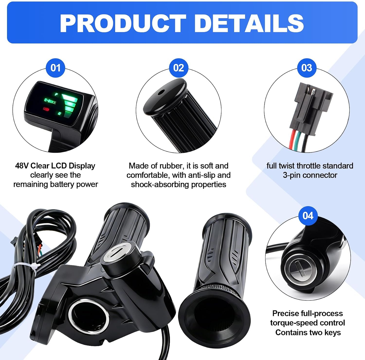 48V Ebike Full Twist Throttle,LCD Display and Key Lock, Universal Electric Bike Throttle Grip for Ridstar Q20/ Q20Lite / Q20Pro / H20 / H26 Pro / H20 Pro,Motorcycle Scooter Plug and Play