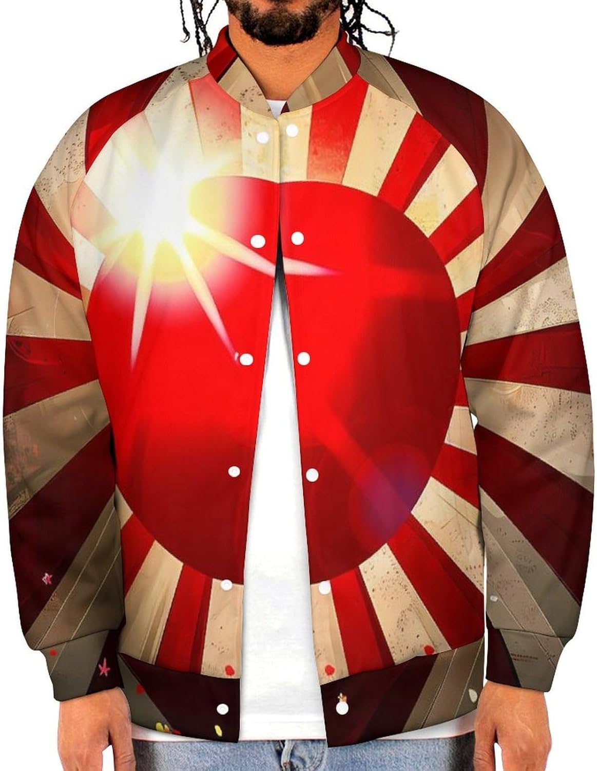 Japanese Rising Sun Flag Light Rays Novelty Men's Baseball Jackets Causal Sweatshirt Button Top Long Sleeve Coat