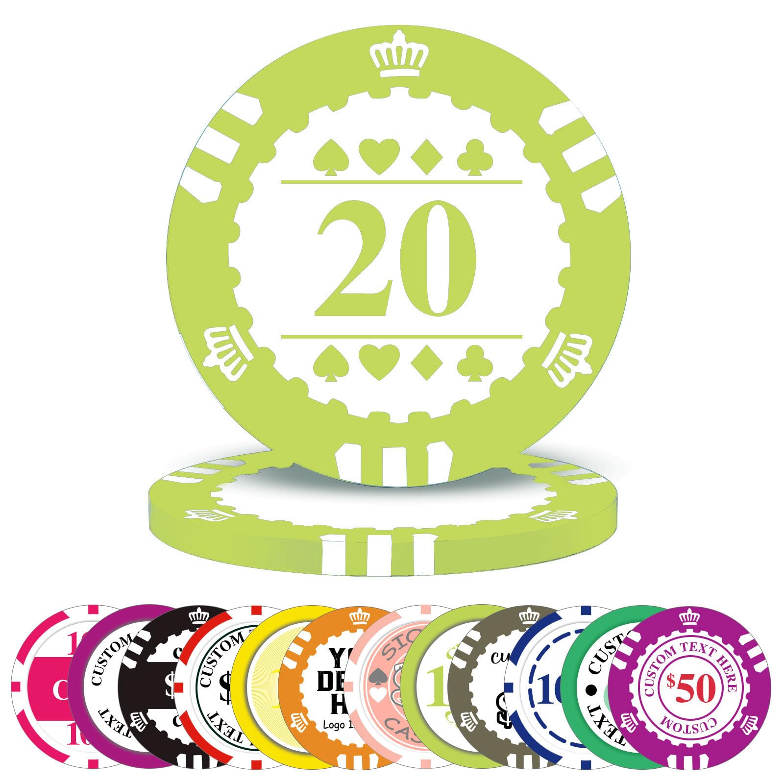 100-1000 Pcs Custom Plastic Poker Chips,Personalised Double Sided Full Color,Custom Your Logo Image Text, Design for Business Cards, Bar, Party,Corporate Events, Drink Token (Light green)