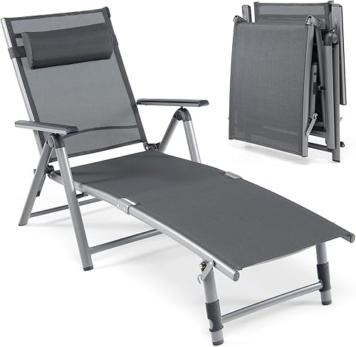 HAPPYGRILL Silla de salón de aluminio para patio con respaldo ajustable de 8 posiciones, reposapiés de 2 posiciones, reposacabezas cómodo, silla