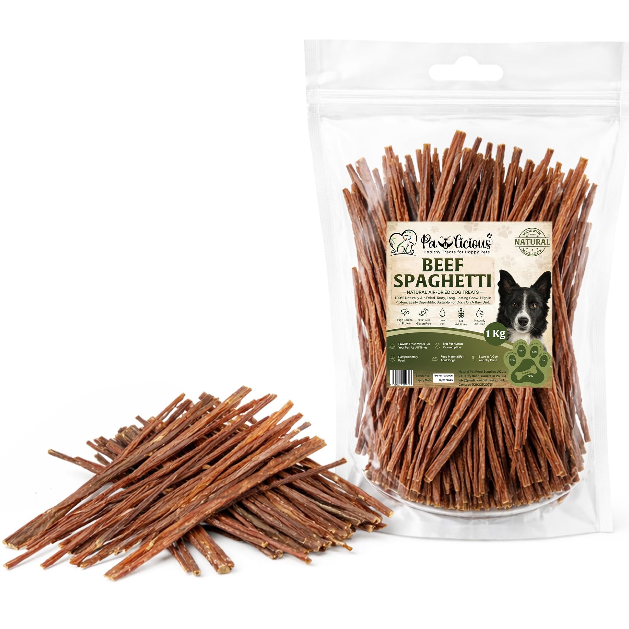 Pawlicious Beef Spaghetti Dog Chews 1Kg, Air-Dried Beef Intestine Treats for Dogs, 100% Natural Long-Lasting Chews, Grain-Free Single Ingredient Dog Snacks