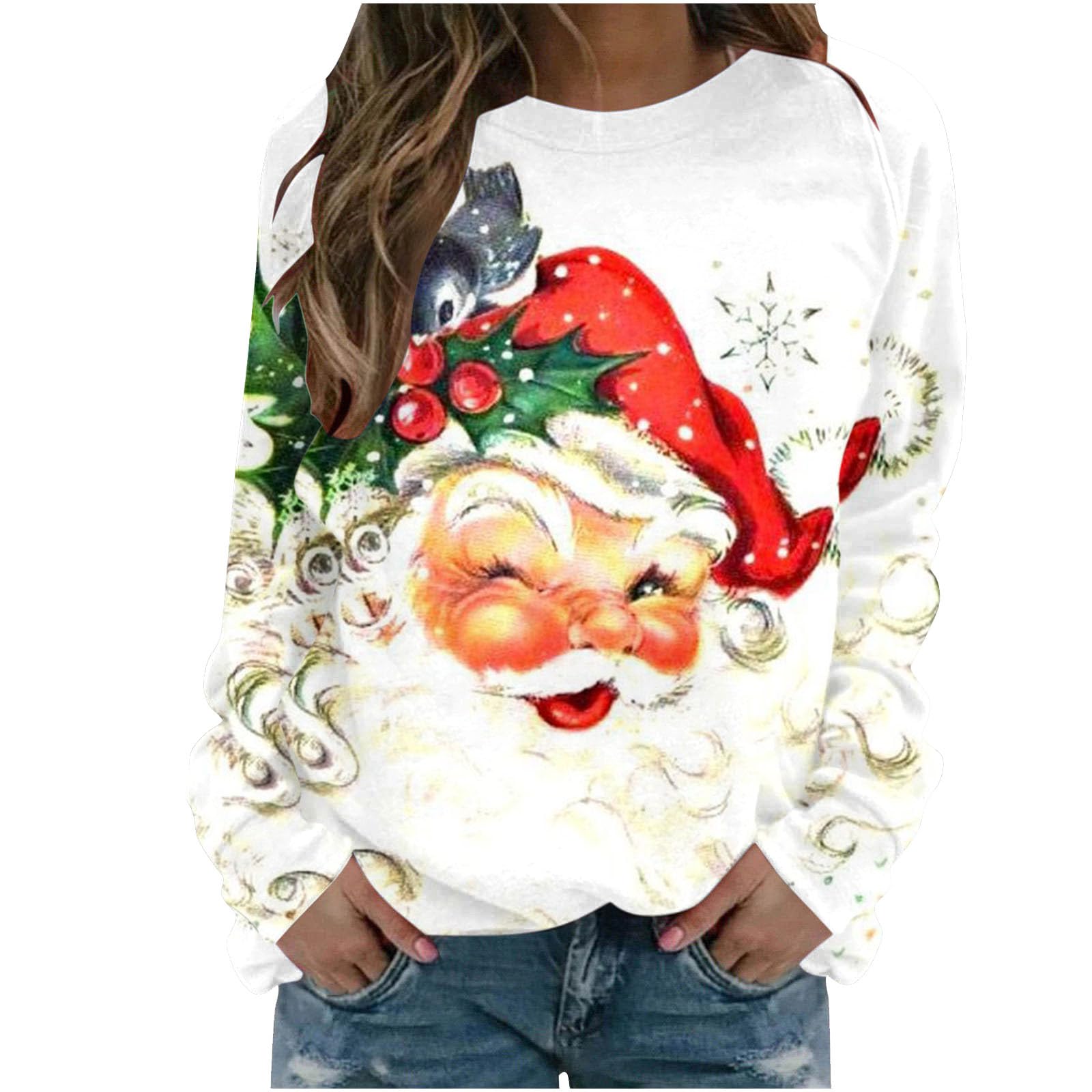 SaxrelChristmas Jumpers For Women Uk Light Up Funny Christmas Tops Classic Winter Warm Xmas Jumpers Long Sleeve Plus Size Sweatshirt Personalised Sweaters Oversized Pullover Evening Party Top RL2