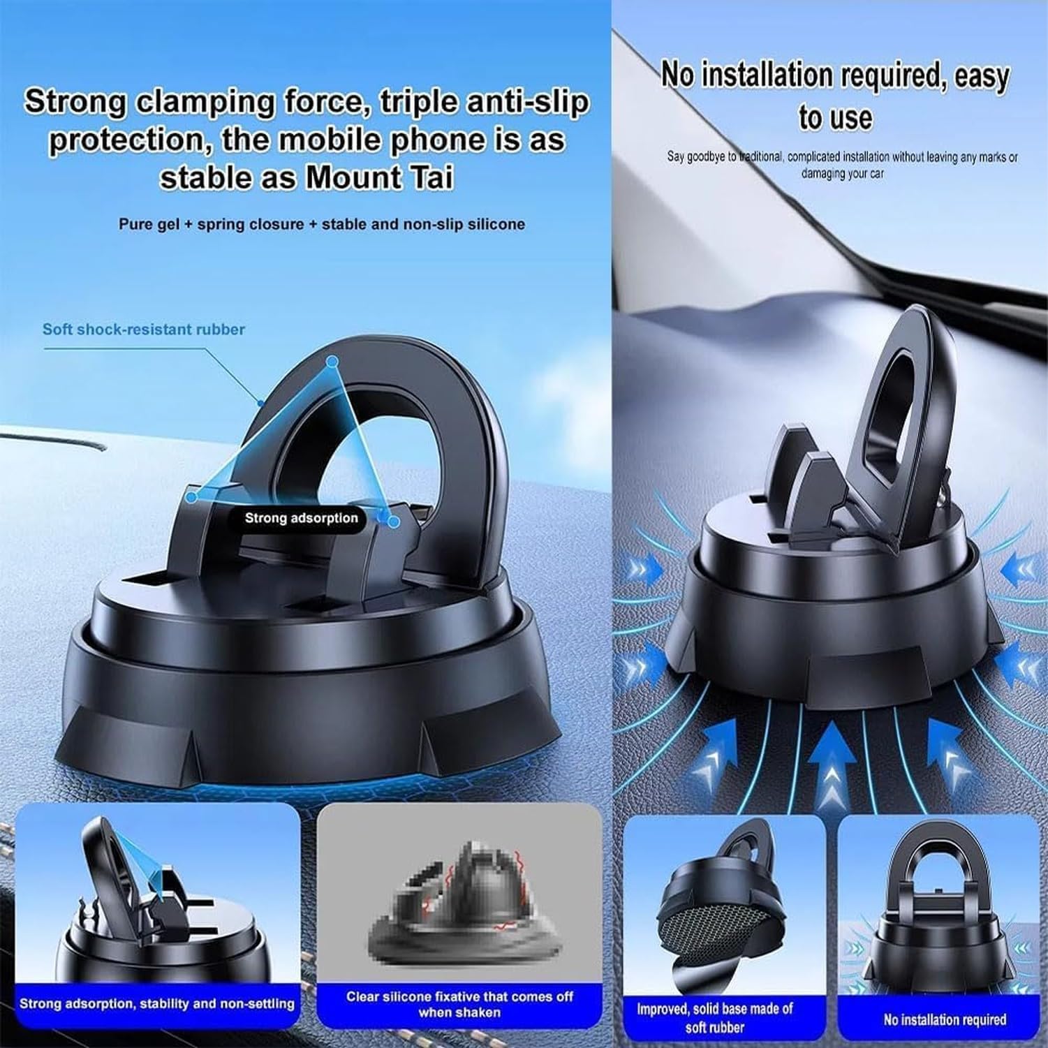 Soporte para Móvil en Coche, Clip Universal con Ventosa Inteligente para Salpicadero, Multifunción y Giratorio 360 Grados con Base Antideslizante para Navigació, 2 Unidades
