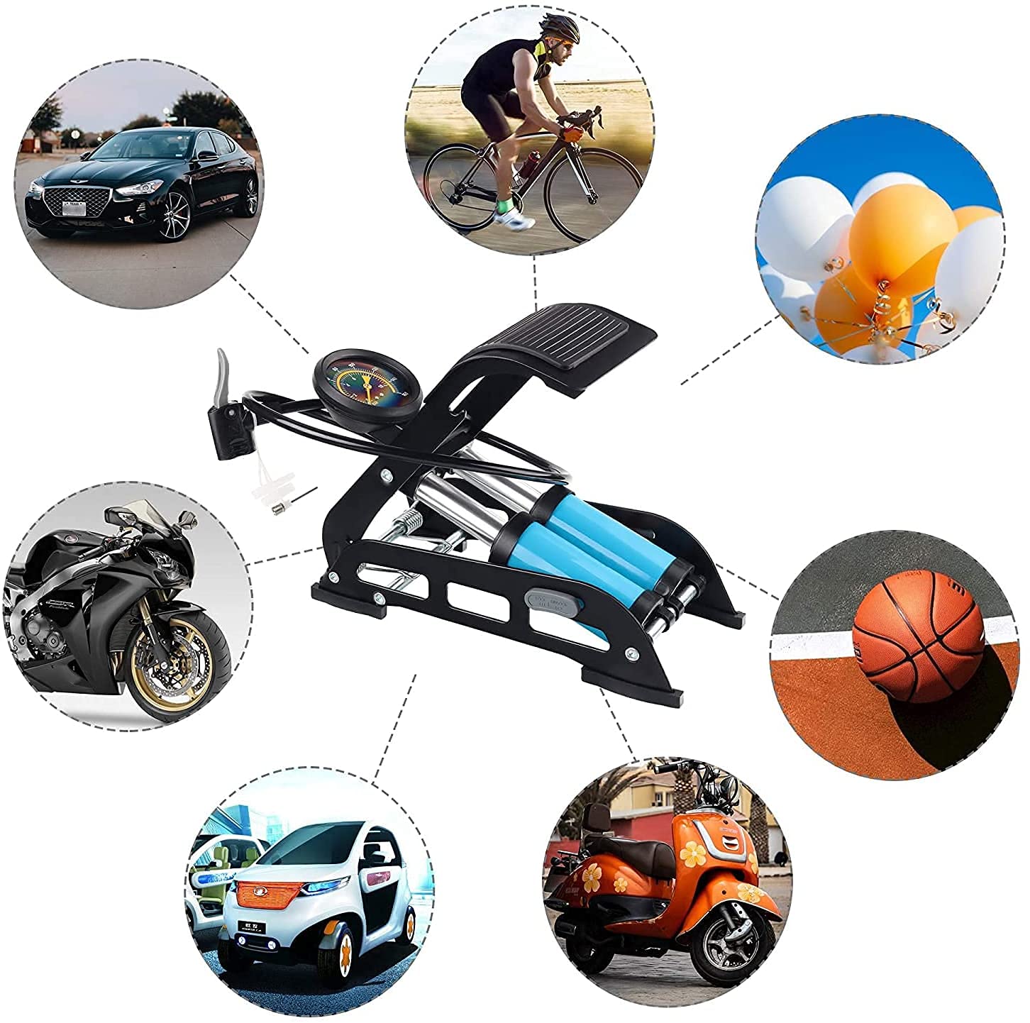 Juzr/Double Cylinder Portable Foot Pump Air Tyre Inflator with Pressure Gauge for Car Tyres, Bicycle Tyres Bike Tyres,Motorcycle Tyres,Foot Pump,Portable Air Pump 1
