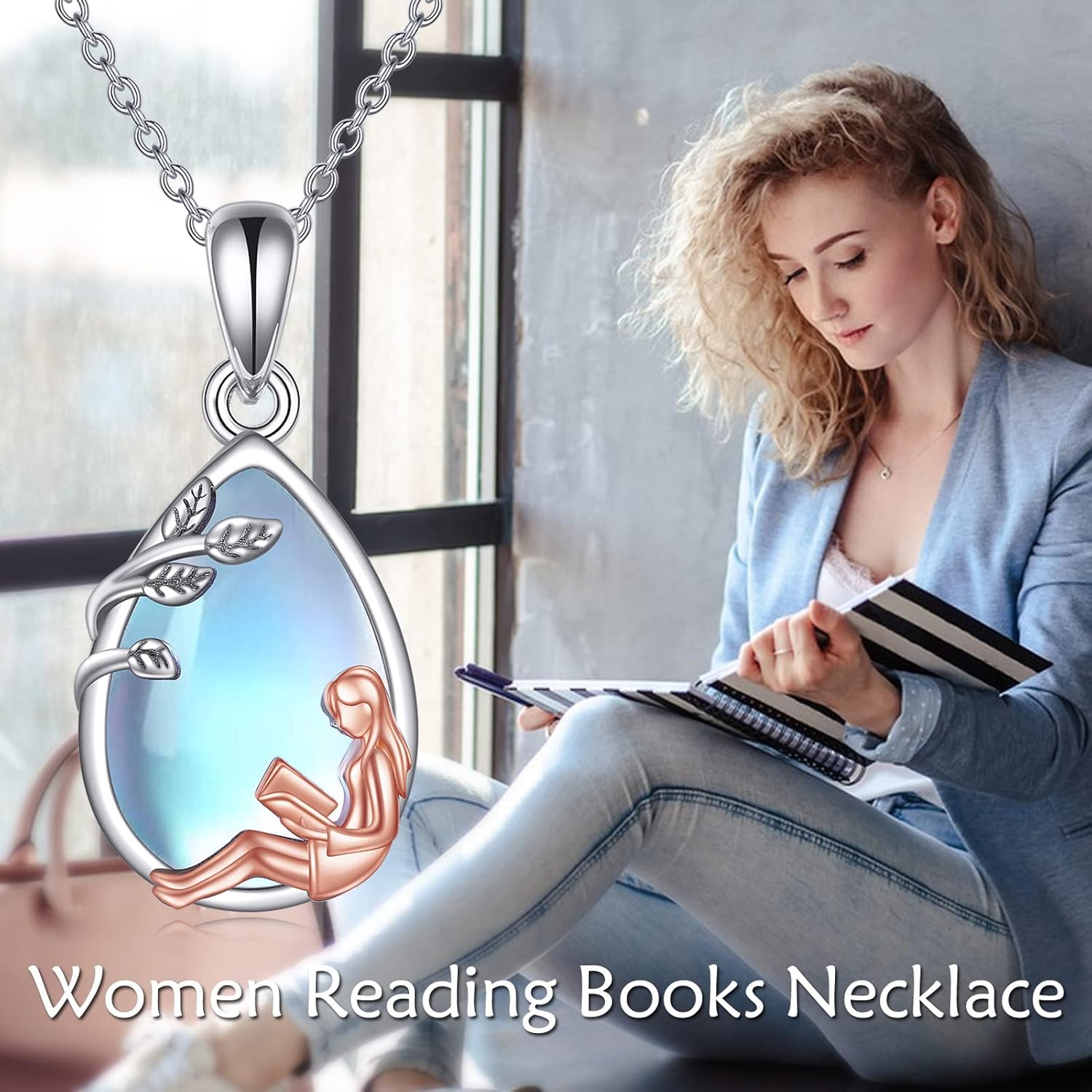 YFN Reading Lover Gift Book Necklace Sterling Silver Reading Women Jewelry for Book club staff Librarian Bookworm 18" - Image 6