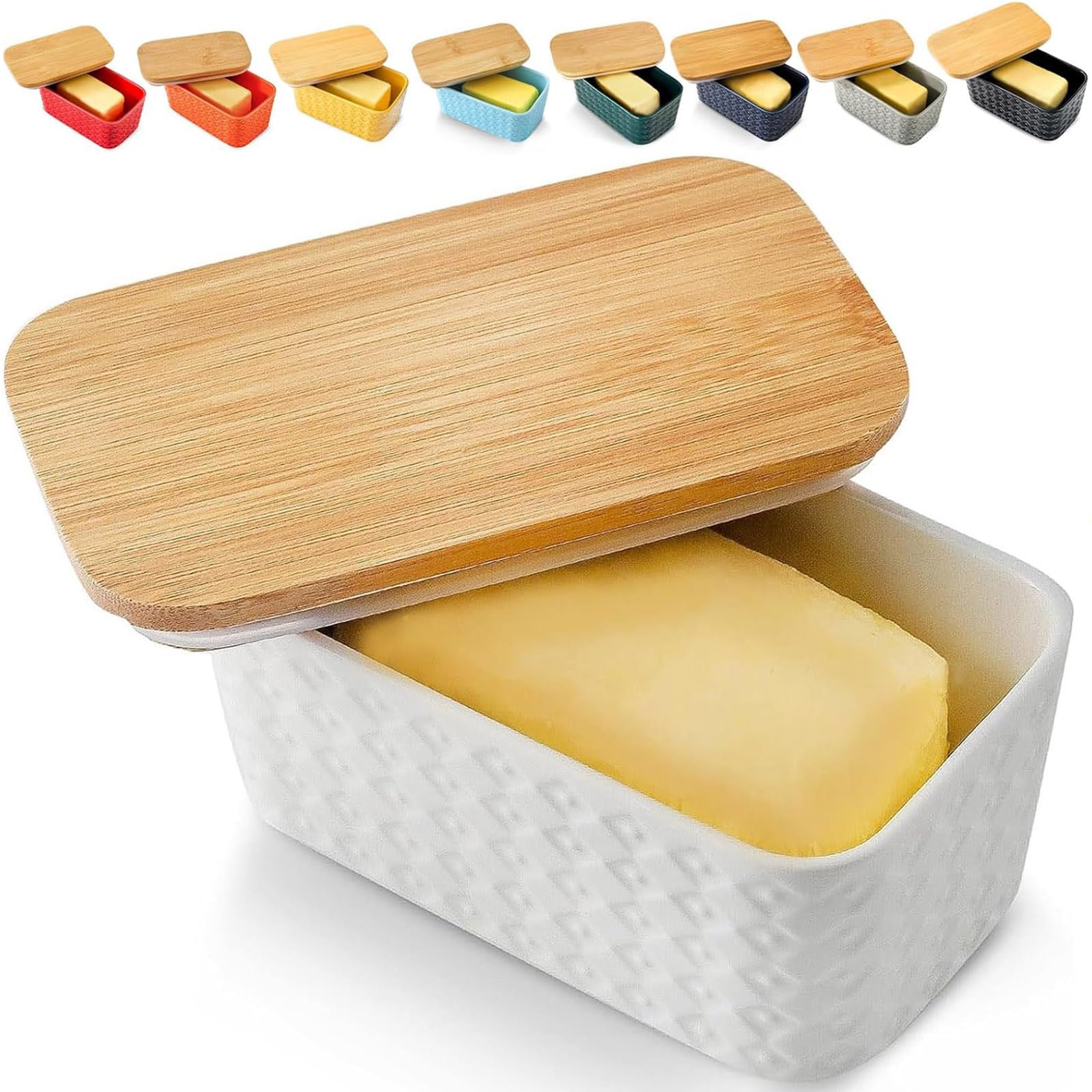 Hasense Butter Dish with Lid, Farmhouse Ceramic Butter Container for Countertop &amp; Fridge, Airtight Silicone Sealing, White Embossed Pattern, Holds Standard Sticks of Butter, Dishwasher Safe