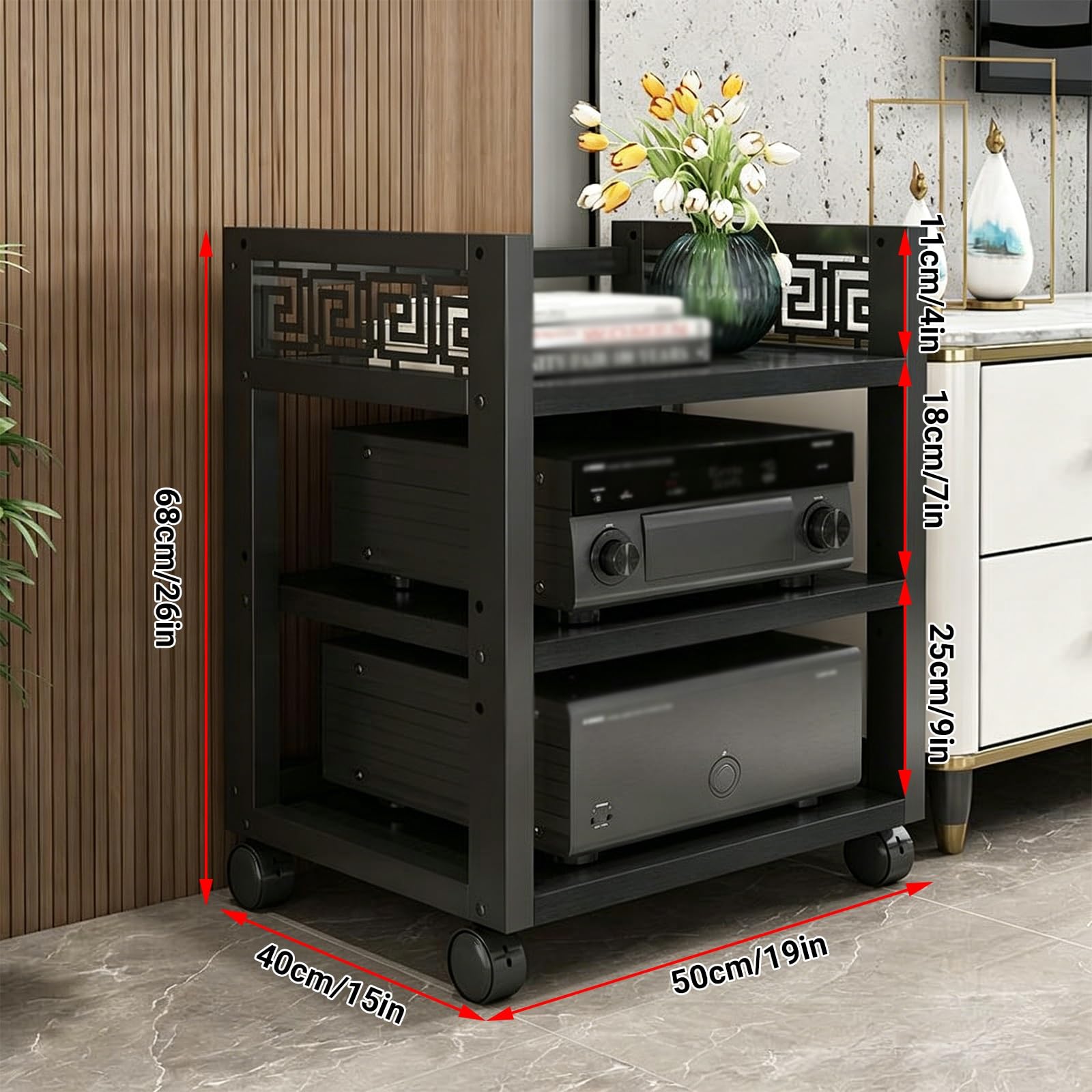Supporto multimediale AV a 3/4/5 livelli, armadietto per componenti audio/video, mensola angolare in legno mobile, torre audio e centro multimediale per casa/ufficio/DJ/teatro, 4 colori (noce chiaro