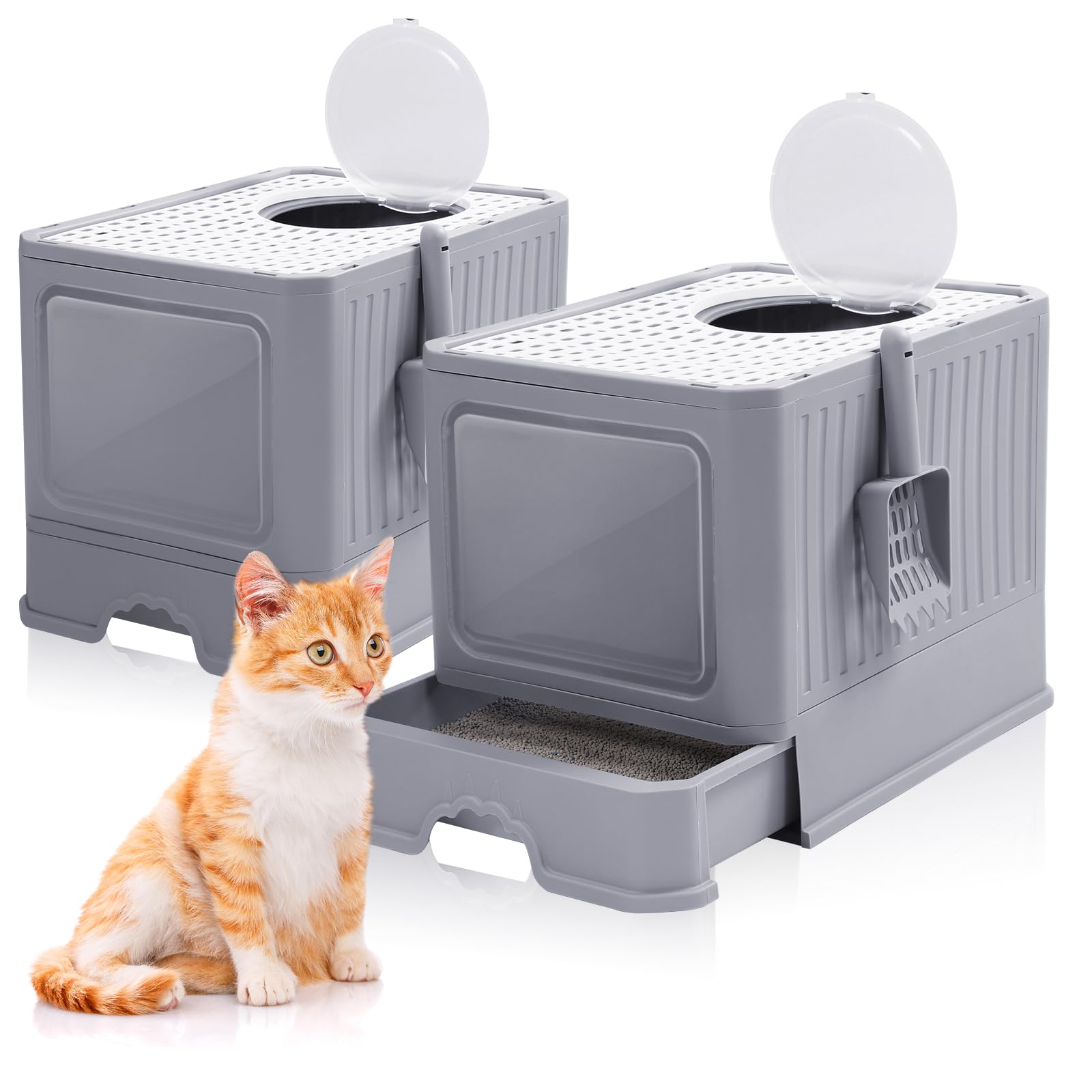 Jinei 2 Pack Cat Litter Box with Lid Foldable Enclosed Cat Toilet Large Kitten Potty Front Entry Top Exit Kitty Litter Tray with Scoop Drawer Type, Anti Splashing, Easy Clean, Odor Control