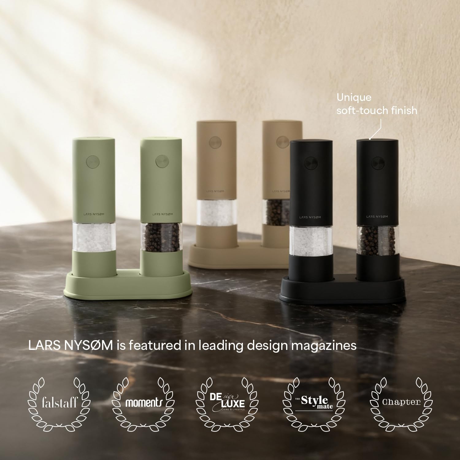 LARS NYSØM Electric Salt and Pepper Grinder Set I Automatic Salt and Pepper Mills with Adjustable Ceramic Grinder I AAA-Battery Operated Electric Spice Mill Set (Taupe Brown) - Image 5