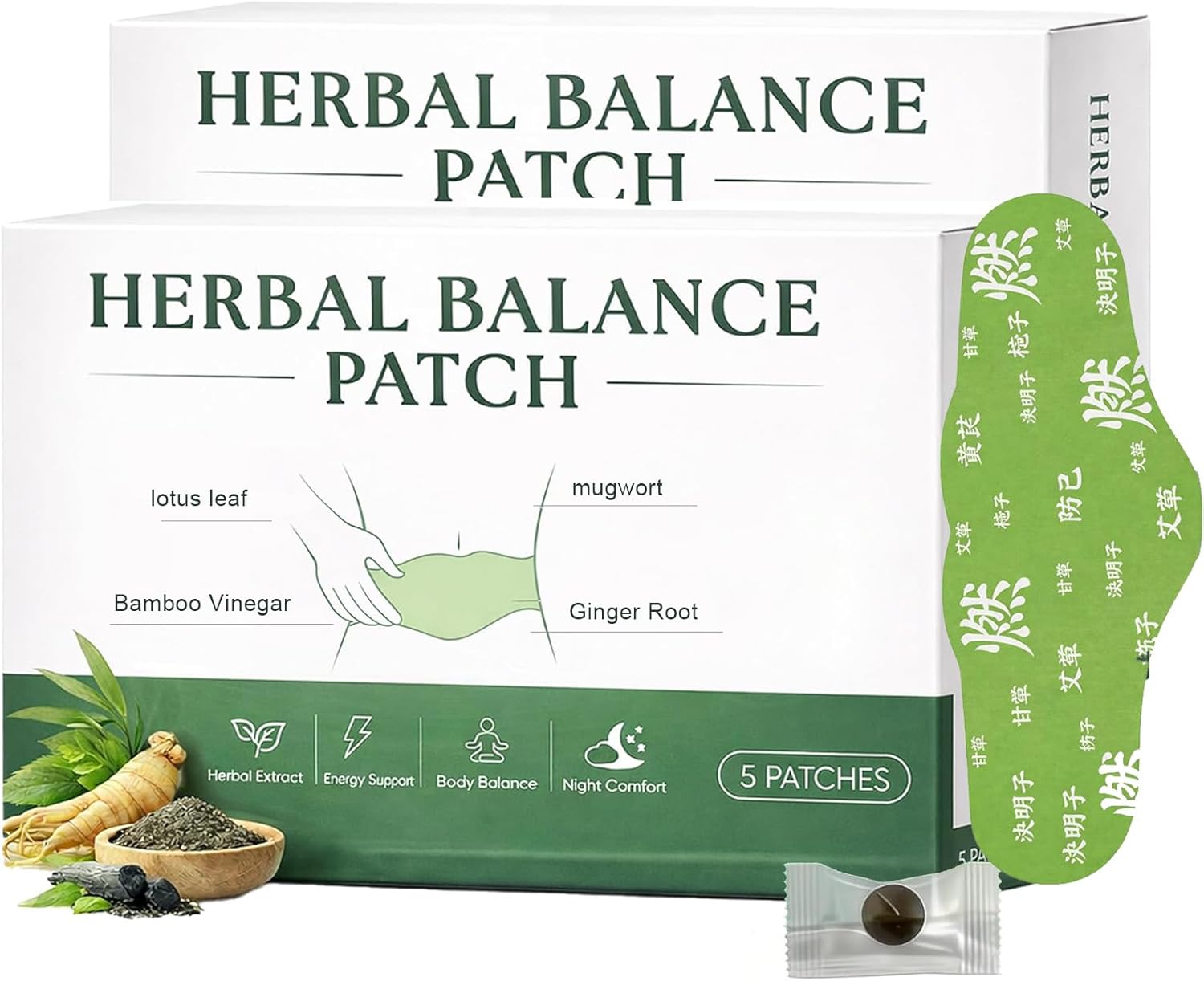 Herbal Balance Patches, Natural Plant Formula with Mugwort, Ginger, Angelica, Astragalus and Lotus Leaf, Gentle Navel & Waist Abdomen Body Care Patches, Comfortable Adhesive Design（ 2 Boxes 10 Pcs）