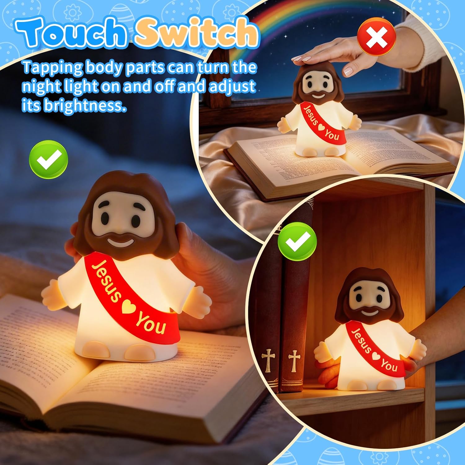 Jesus Night Light, Jesus Love You Night Light for Kids, 3-Speed Adjustable Silicone Touch Control Nightlight, Table Lamp for Bedroom, Desktop, Jesus Decor, Easter Decorations, Baptism Presents