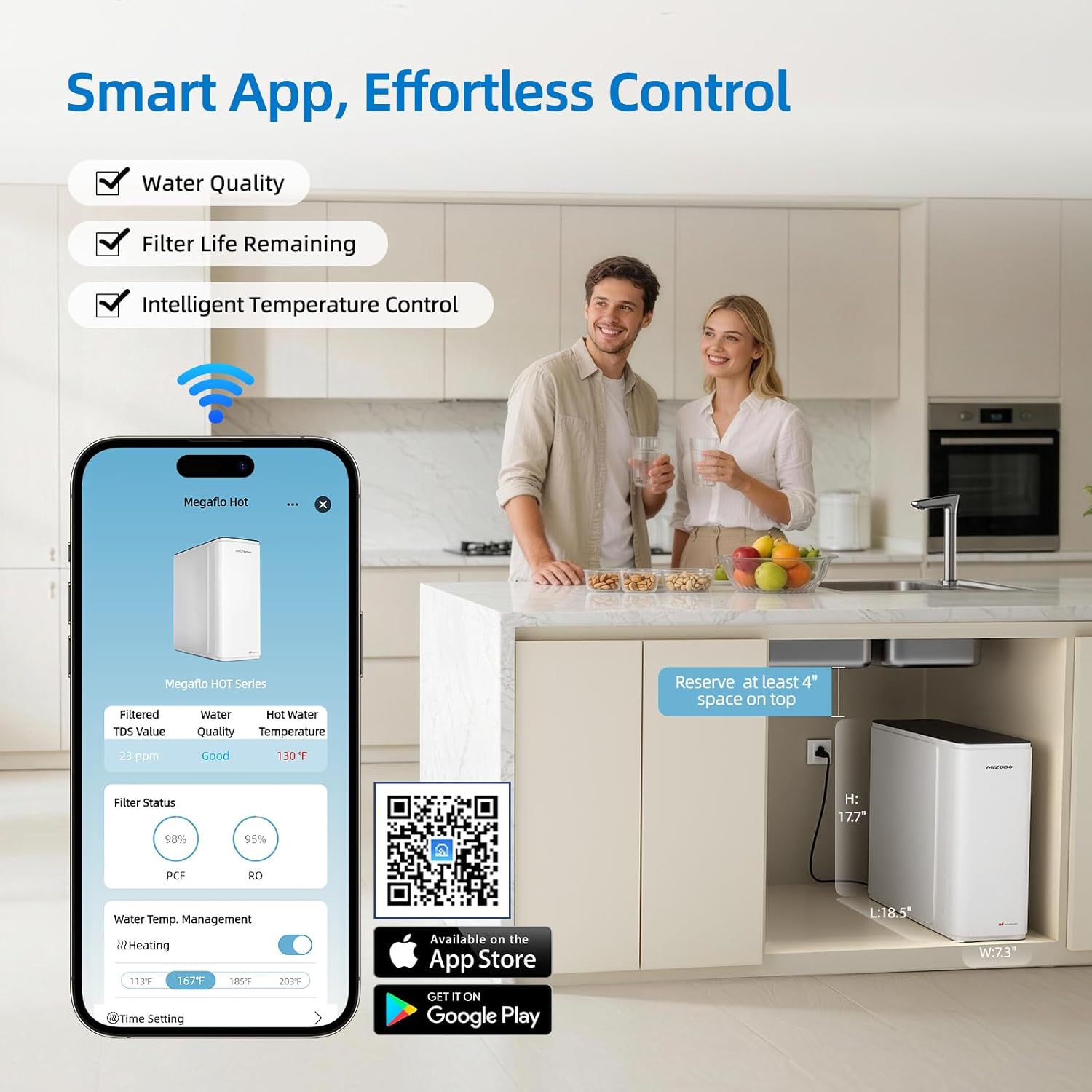 A person using a smartphone to control the MIZUDO RO system via an app, showing water quality, filter life, and temperature settings.