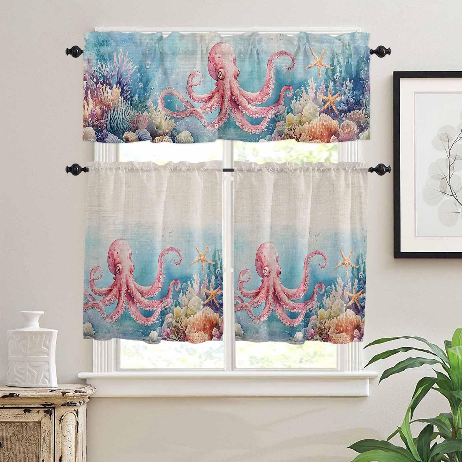 Octopus Kitchen Curtains 36 Inch Length, 3 Piece Rod Pocket Small Half Tiers and Valance Set, Ocean Coastal Starfish Watercolor Blue Coral Small Large Window Treatment Decor for Bedroom/Bathroom Sink
