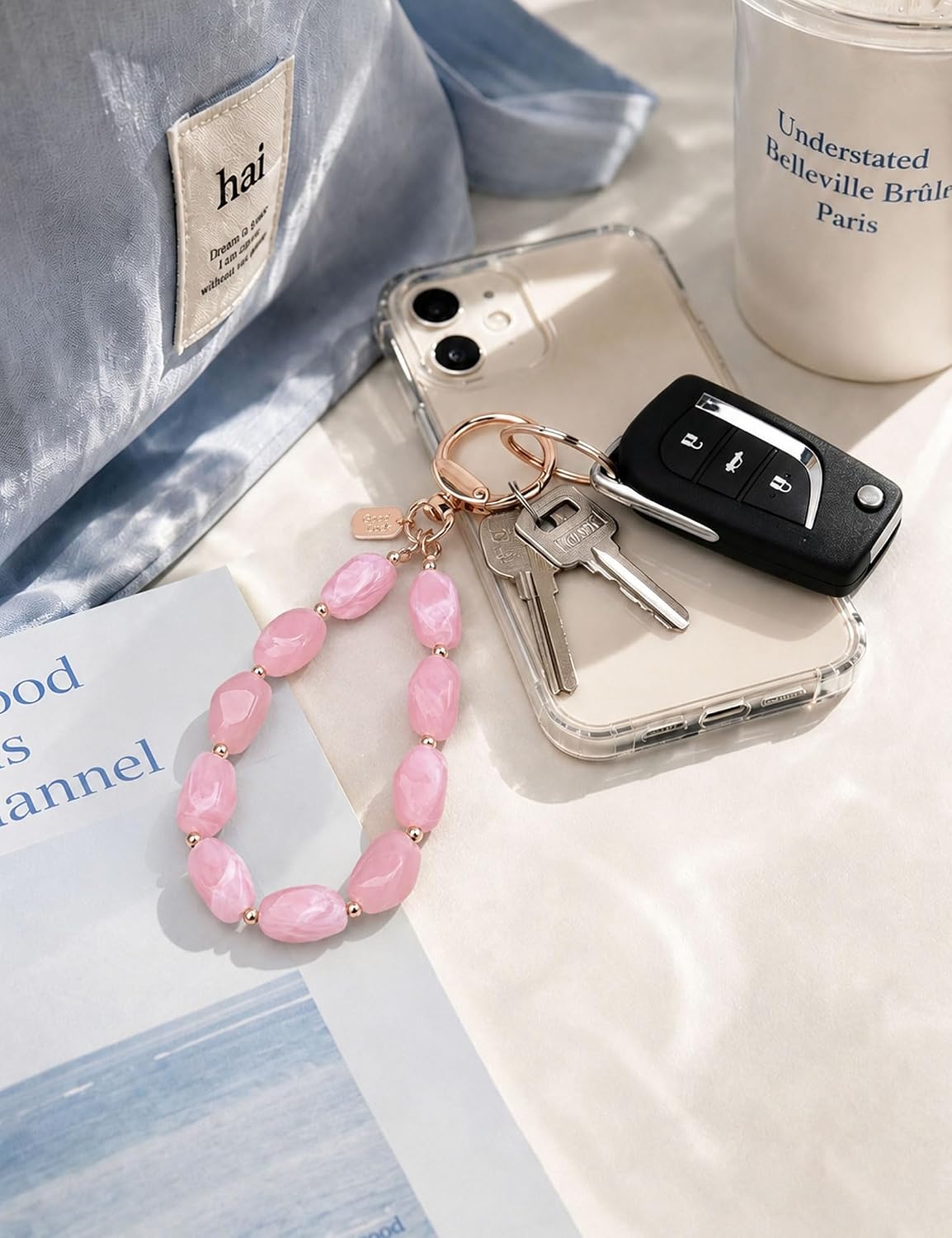 BAOSIWA Resin Beaded Keychain Wristlet for Women - Cute Car Key Chain Holder Key Ring Bracelet, Non-Elastic
