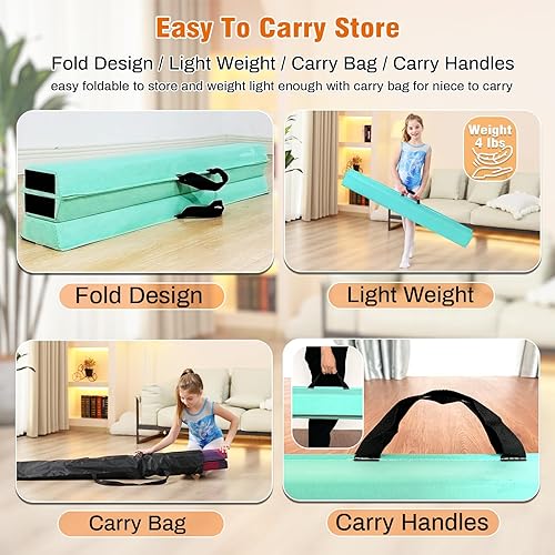 Miniatura 127 de MARFULA Viga de gimnasia plegable de 6 pies, 8 pies y 9 pies, haz de equilibrio de espuma – Extra firme – Cubierta de gamuza – Parte inferior verde