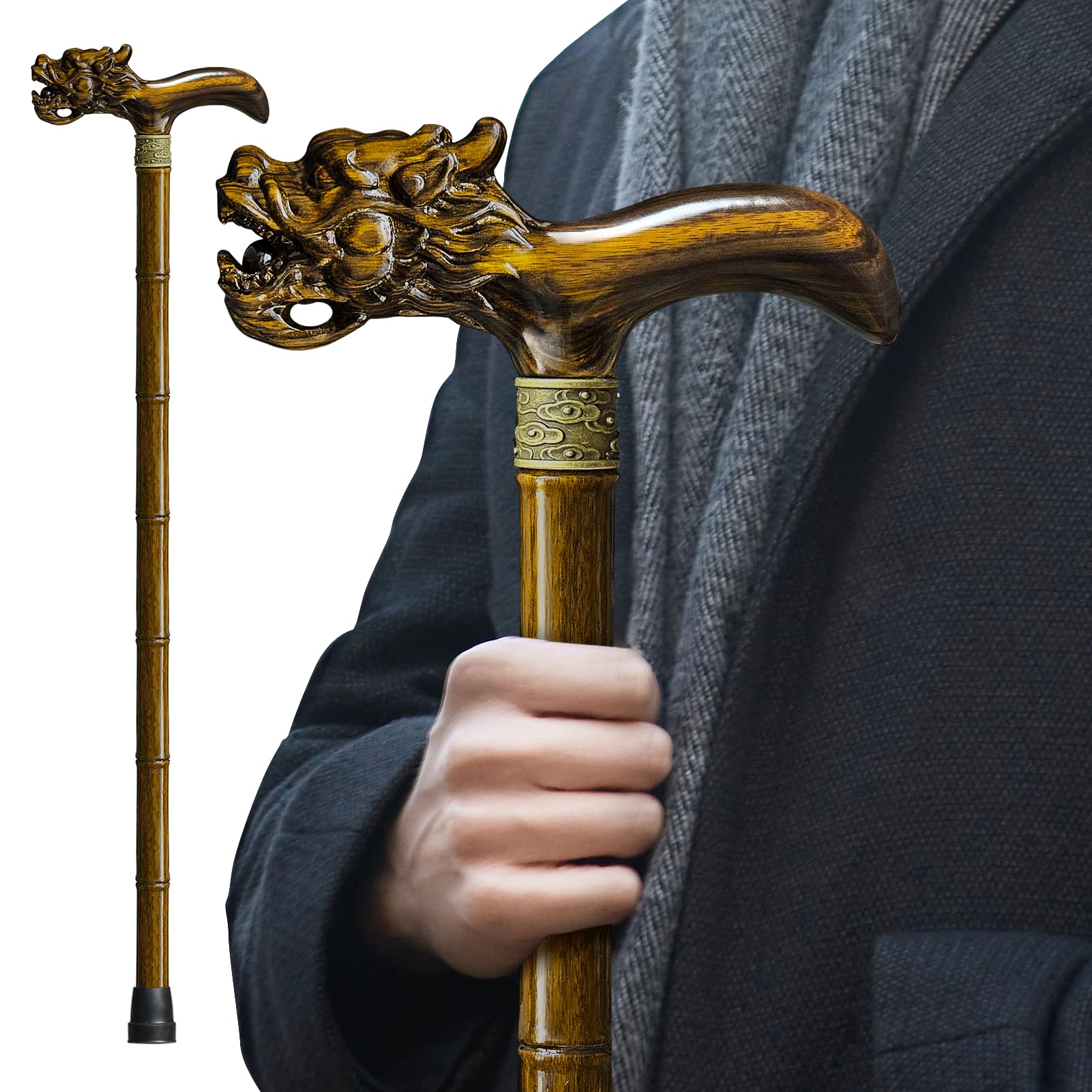 wooden cane, hand carved high-end walking cane for men and women, lightweight design support up to 500lbs dragon canes for seniors, suitable for discerning personal and gift use