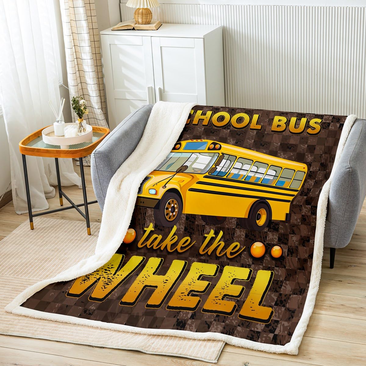School Bus Throw Blanket for Boys Teens Grids Camouflage Plush Blanket Kids Girls Youth School Car Bed Blanket Lattice Camo Design Soft Microfiber