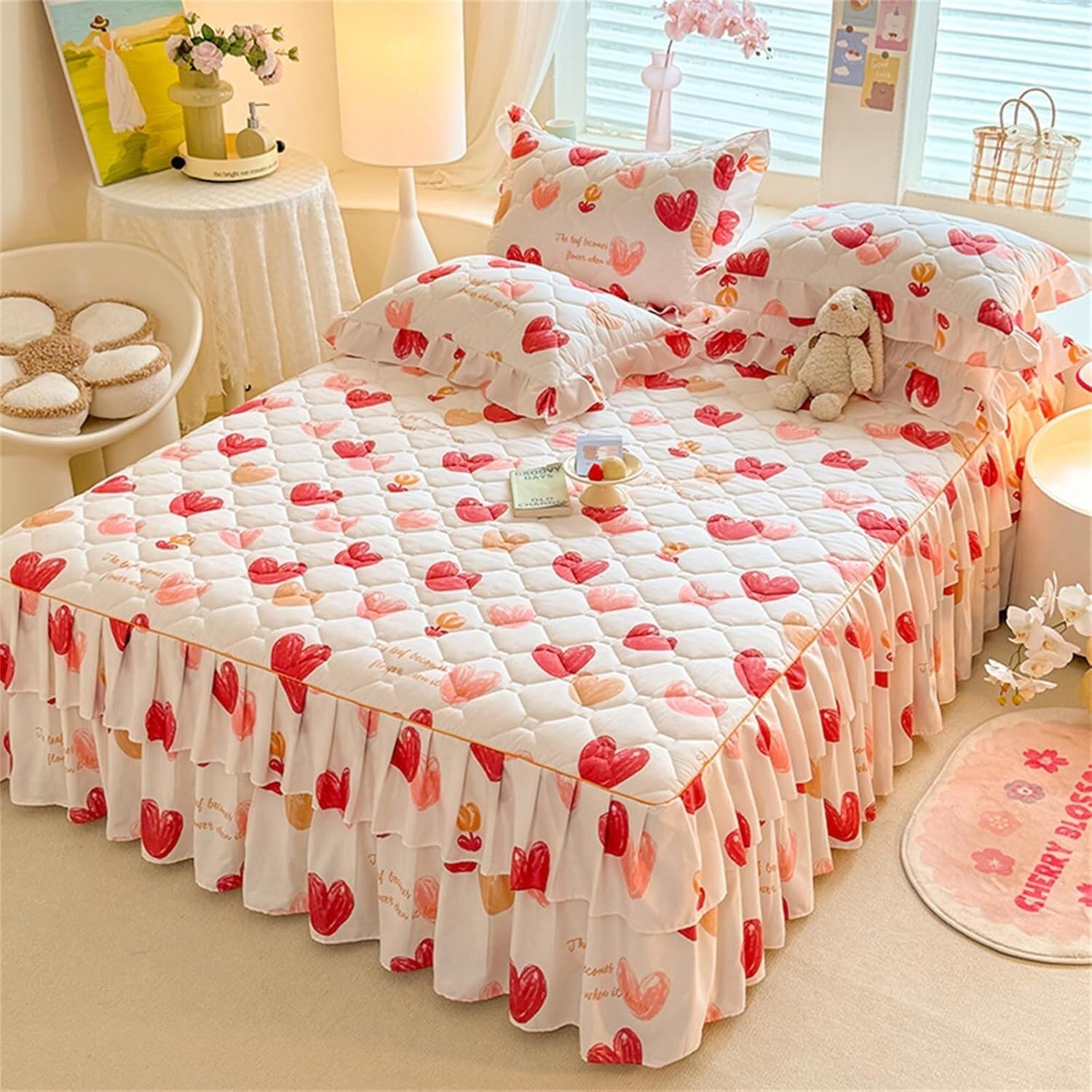 Jupe de lit à volants et draps-housses floraux Rosso 180x220 pour literie en microfibre
