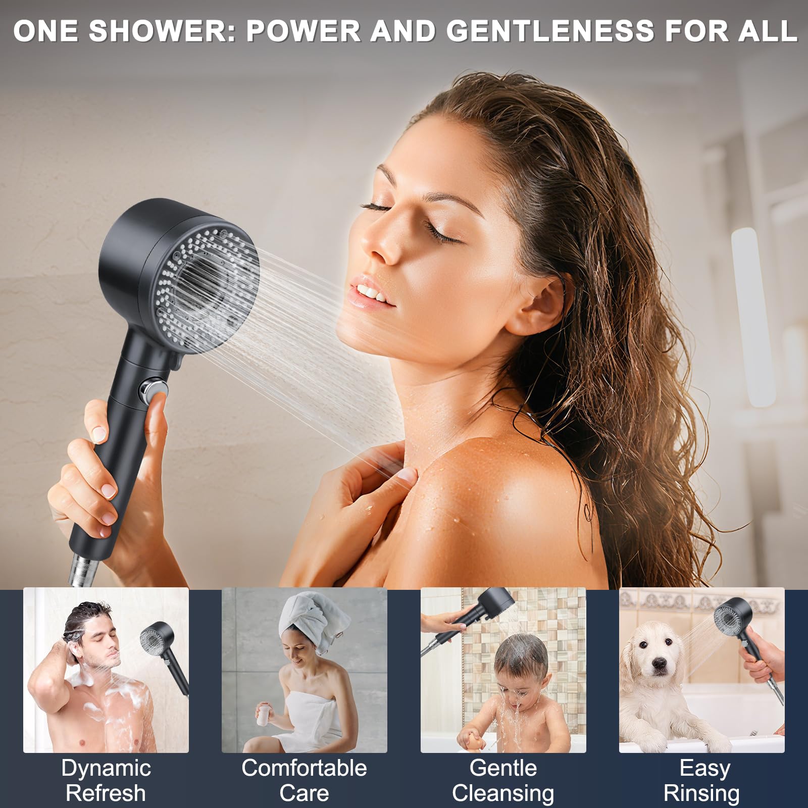 Pommeau de Douche avec Filtre, Pommeau Douche Haute Pression Economie Deau, Anti Calcaire Douchette Salle de Bain avec Tuyau 2M, Shower Head avec 5 Modes de Jet pour l'eau Dure