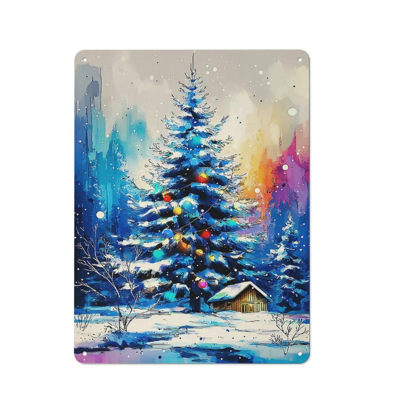 Junmoney Christmas Tree In Snowy Landscape Loft Style Metal Wall Decor 40X30cm, Decorative Metal Plaque For Loft, Studio, Office Or Creative Room