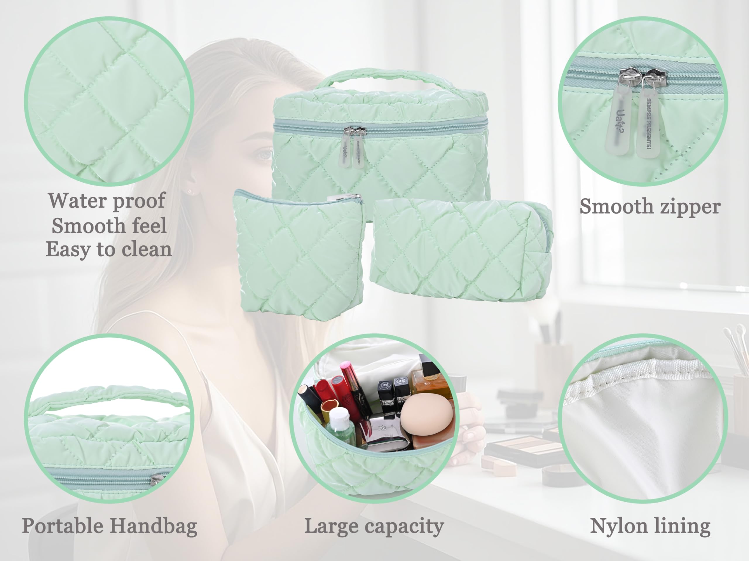 3Pcs Makeup Bag Set,Travel Portable Large Down Water Proof Cosmetic Bags for Women,Bathroom Coquette Toiletries Organiser - Image 3
