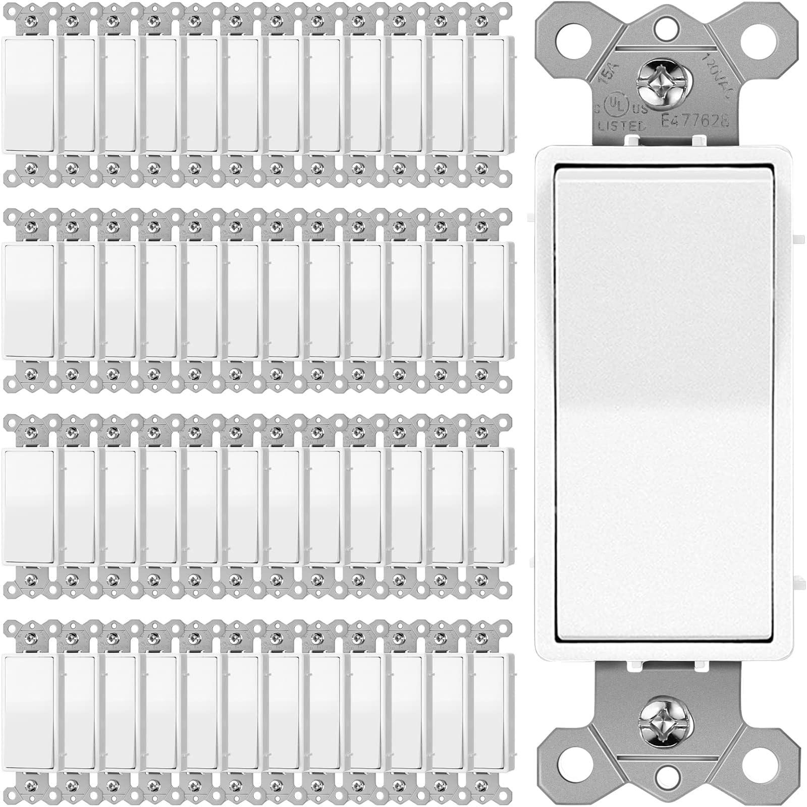 50 Pcs 3 Way Decorator Paddle Light Switch Single Pole Decorative Paddle Rocker Switch Replacement Bulk Gloss Finish On/off Wall Switch, Self Grounding Screw Electrical Light Switches, 15A 110V/277V