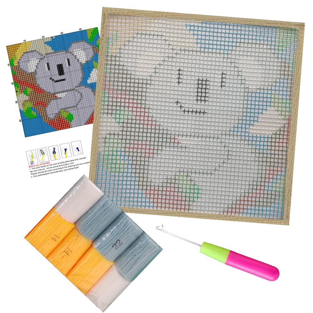 Koala Bear Latch Hook Kits Rug for Kids Printed Canvas DIY Handmade Carpet Crochet Yarn Embroidery Needlework Hook Latch Kit Rug Cover Christmas Home Decoration 30x30cm