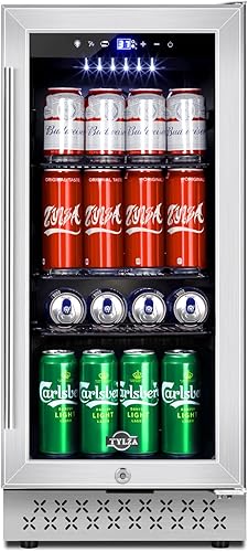 Tylza 15 Inch Beverage Refrigerator, 130 Cans Quiet Beverage Fridge, 15'' Beverage Cooler Under Counter with Glass Door and Lock for Built-in or
