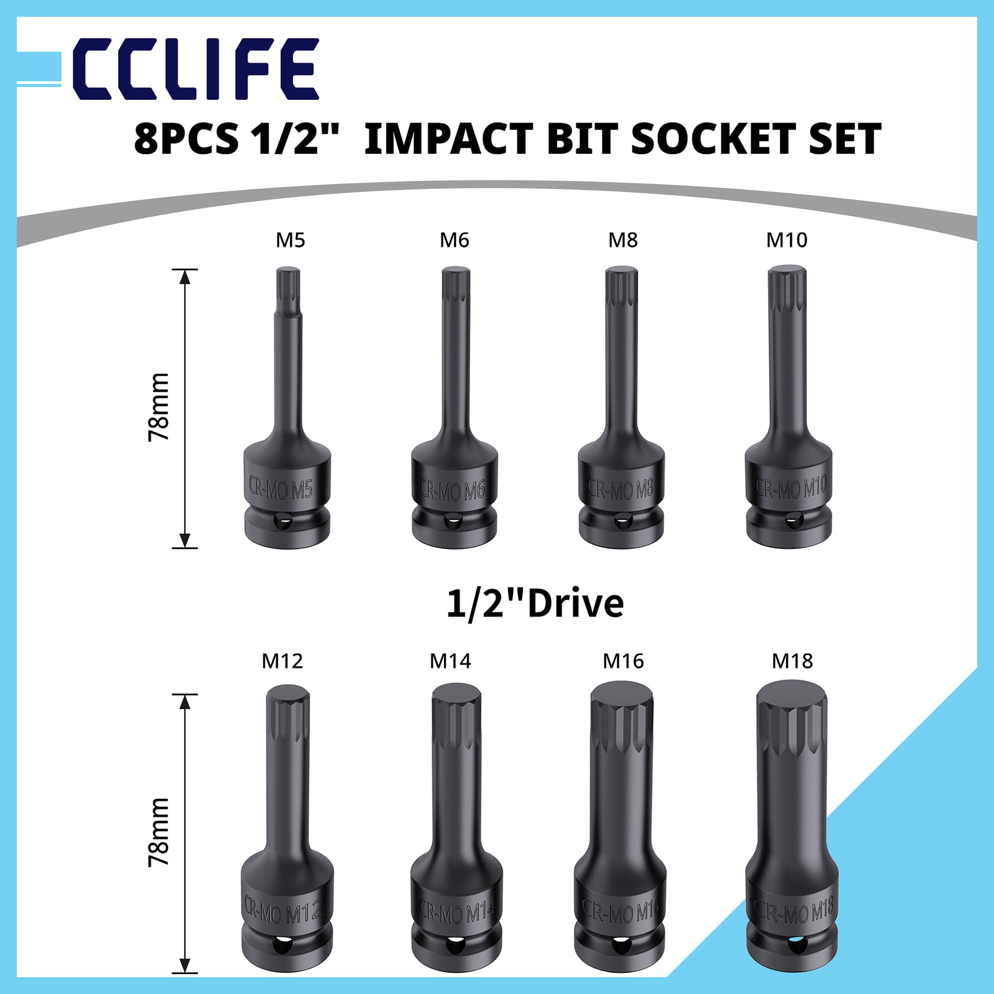 CCLIFE XZN 8-częściowy zestaw kluczy nasadowych 1/2 cala z ząbkami wewnętrznymi M5, M6, M8, M10, M12, M14, M16, M18, wielozębowymi, zestaw kluczy nasadowych z walizką do naprawy samochodu
