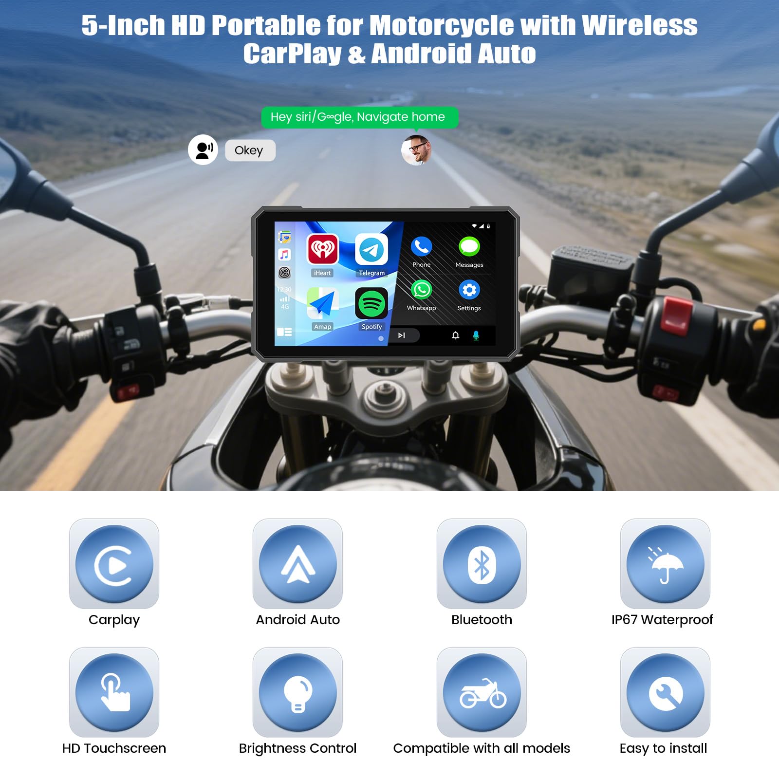 SIXWIN Pantalla Moto 5 Pulgadas con CarPlay/Android Auto Inalámbrico, Navegador GPS, IP68 Antiaqua, Soporte Universal Ajustable, Compatible con Monitoreo de Presión, Pantalla HD para Motocicleta