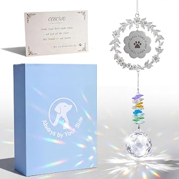 Handcrafted Pet Memorial Crystal Ornament Rainbow Prism Sun Catcher with Keepsake Card, Sympathy Gift for Loss of Dog or Cat Paw Designs, Wreath