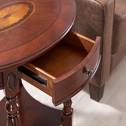 Miniatura 6 de PADMA HOUSE Mesa auxiliar de madera maciza ovalada con cajón, mesa lateral de sofá tradicional de 28" para sala de estar con estante inferior