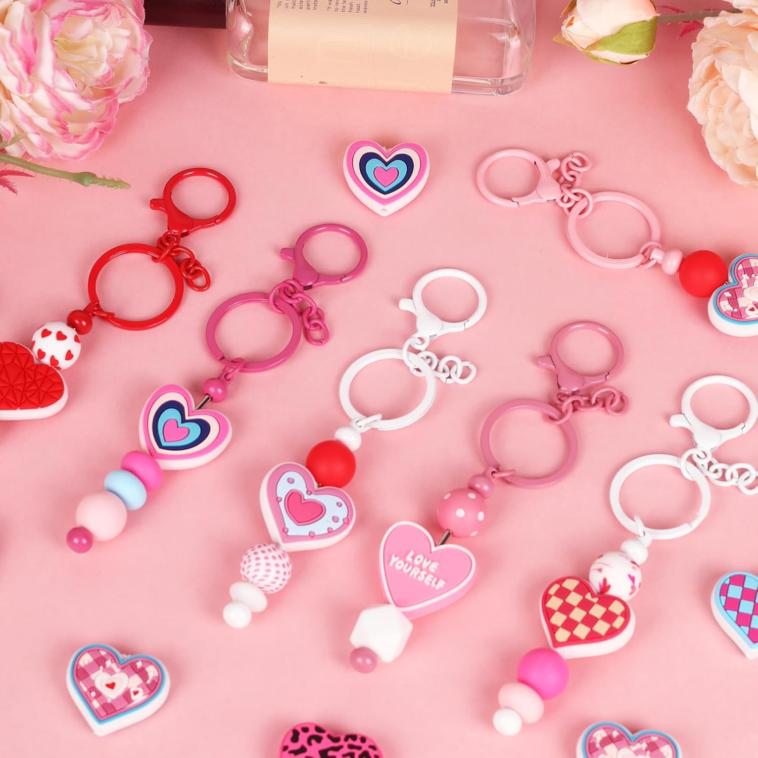 Valentine Focal Beads for Pens,15pcs Heart Shape Rubber Beads for Crafts Beadable Pen Keychain Lanyard Bracelet Making - Image 6
