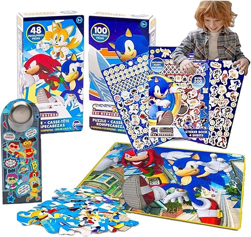 Estados Unidos, The Hedgehog - Juego de rompecabezas para niños y más de 300 calcomanías hinchadas, dos rompecabezas de 48 piezas y 100 piezas para