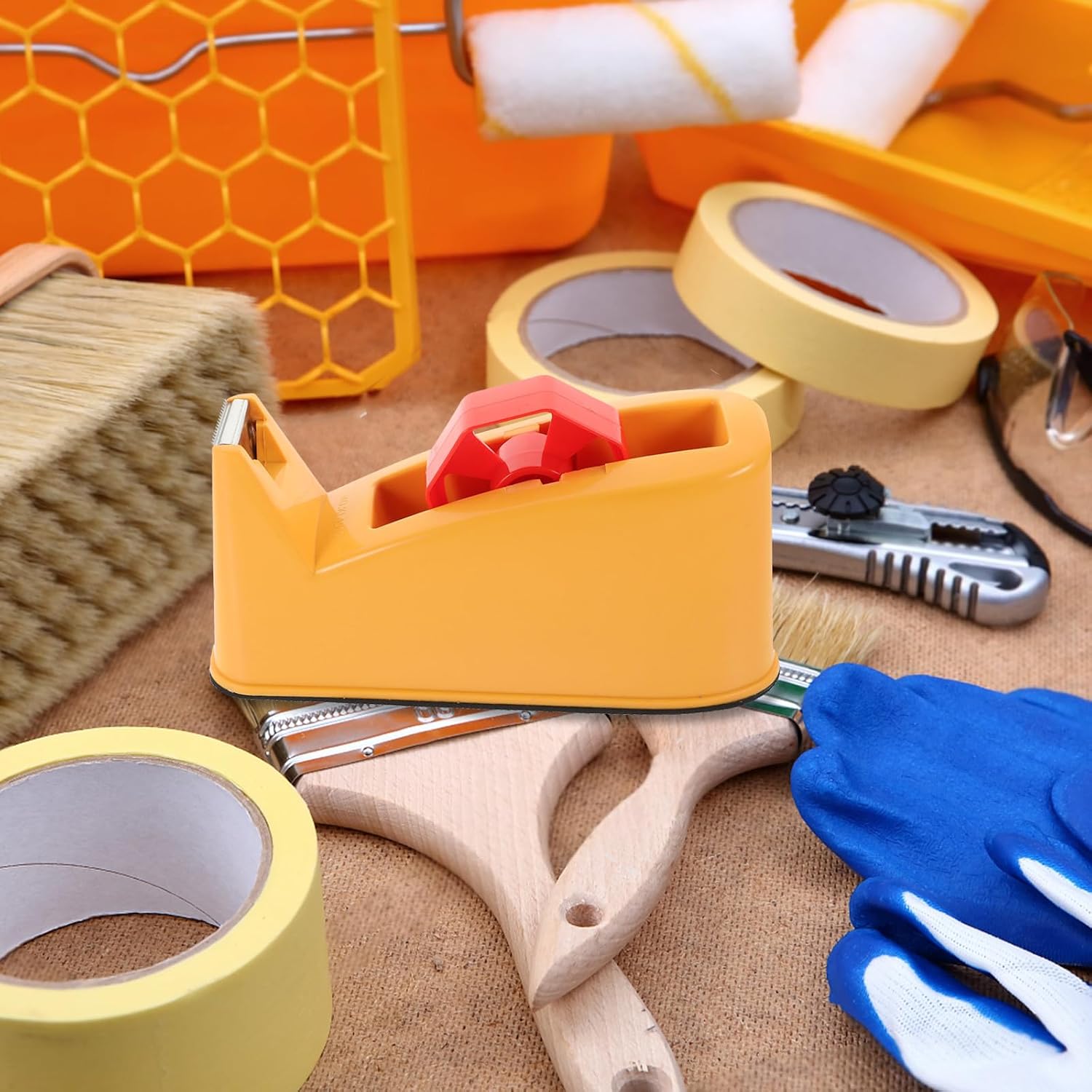 Red Metal Tape Dispenser with Roll Bearing and Cutter for Boxes