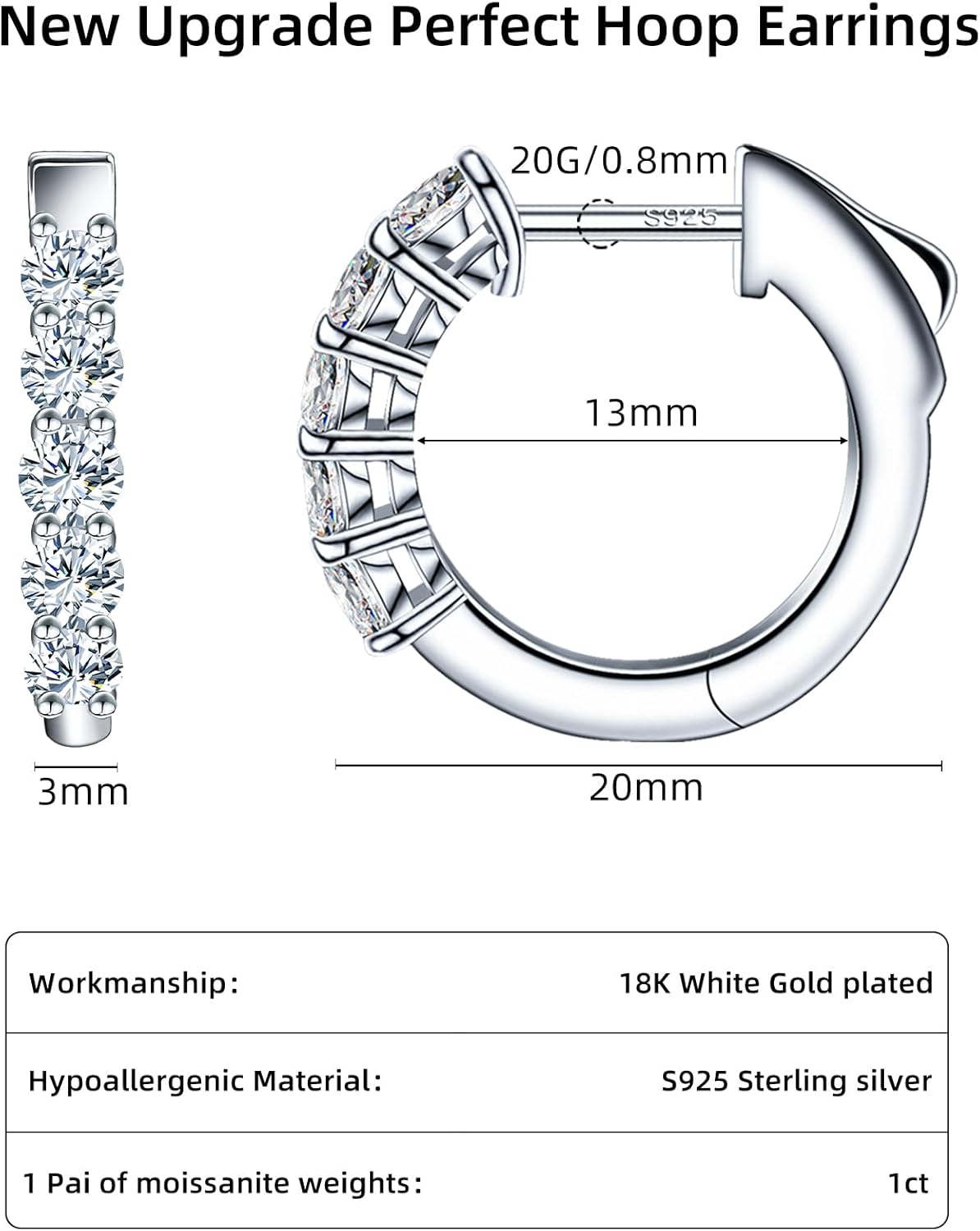 Moissanite Huggie Earrings for Women, 18K White Gold Plated 925 Sterling Silver Hypoallergenic Small Hoop Earrings - Image 6